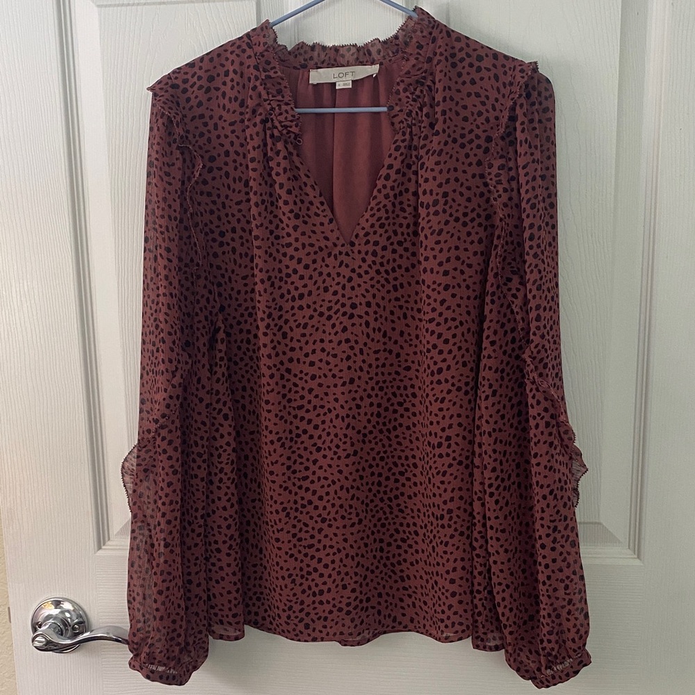 LOFT Burgundy and Black Dot Long-Sleeve V-Neck Blouse